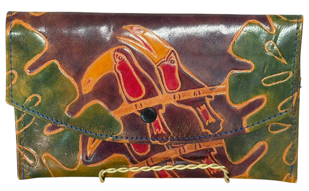 Tooled Leather Wallet Colorful Toucans Tropical 8"Wx5"H Global Artisan Style